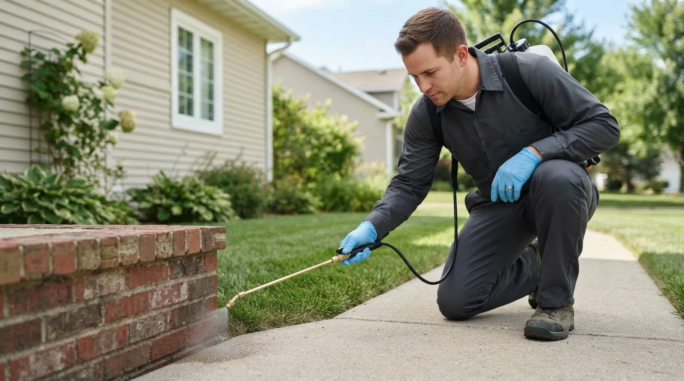 Pest control technician treating a home near La Pryor, TX